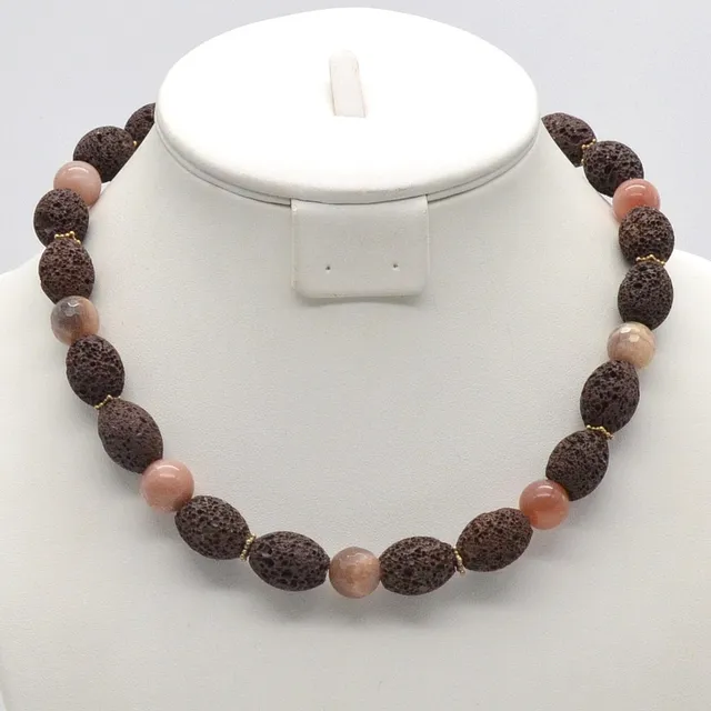 DESIGNERCOLLIER "JE", MORGANIT UND LAVAPERLEN, VERSCHLUSS UND TRENNPERLEN AUS STERLINGSILBER, VINTAGE, CA. 47 CM.
