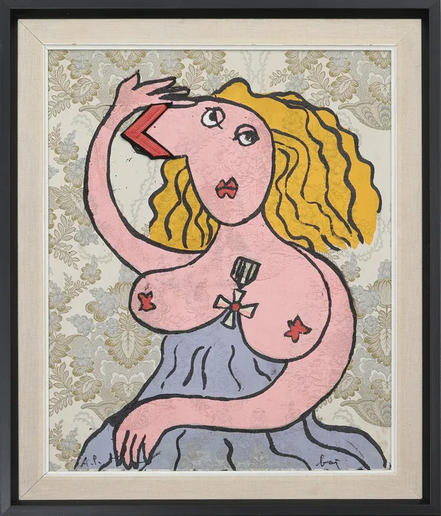 ENRICO BAJ. Blandteknik/collage, signerad.