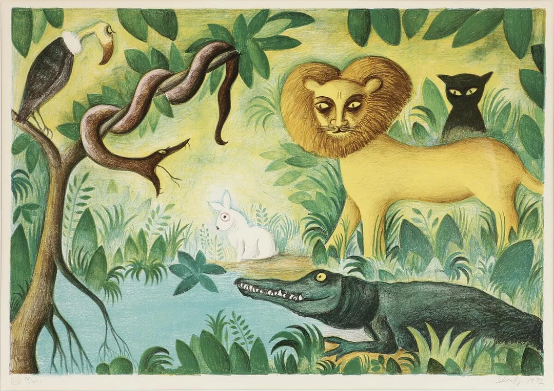 “Fællesskabet”. Signeret Scherfig 1972, 88/280. Litografi i farver. Lysmål 45×63 cm. — Modern Prints/Classical modernism — Bruun Rasmussen
