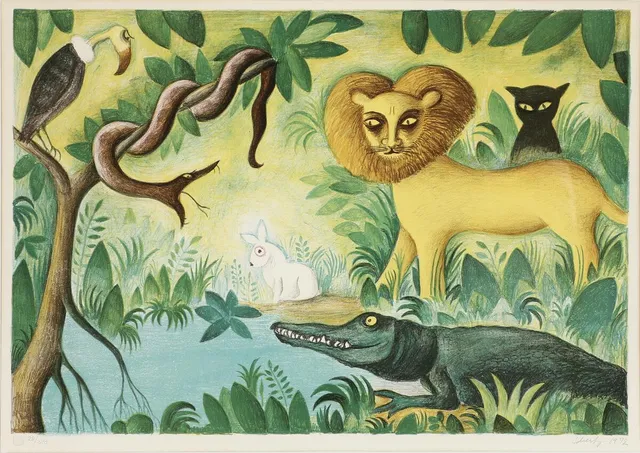 “Fællesskabet”. Signeret Scherfig 1972, 88/280. Litografi i farver. Lysmål 45×63 cm.