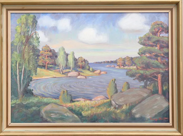 GEORG HULT. Kustmotiv. Olja på pannå, signerad.