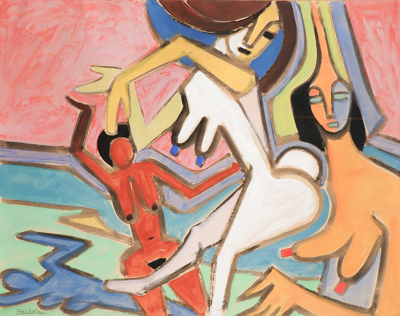 ERIK LARSEN (1902-1965). Komposition med dansende kvinder, akvarel og gouache på papir, signeret, 1950'erne. — Paintings — Palsgaard Kunstauktioner