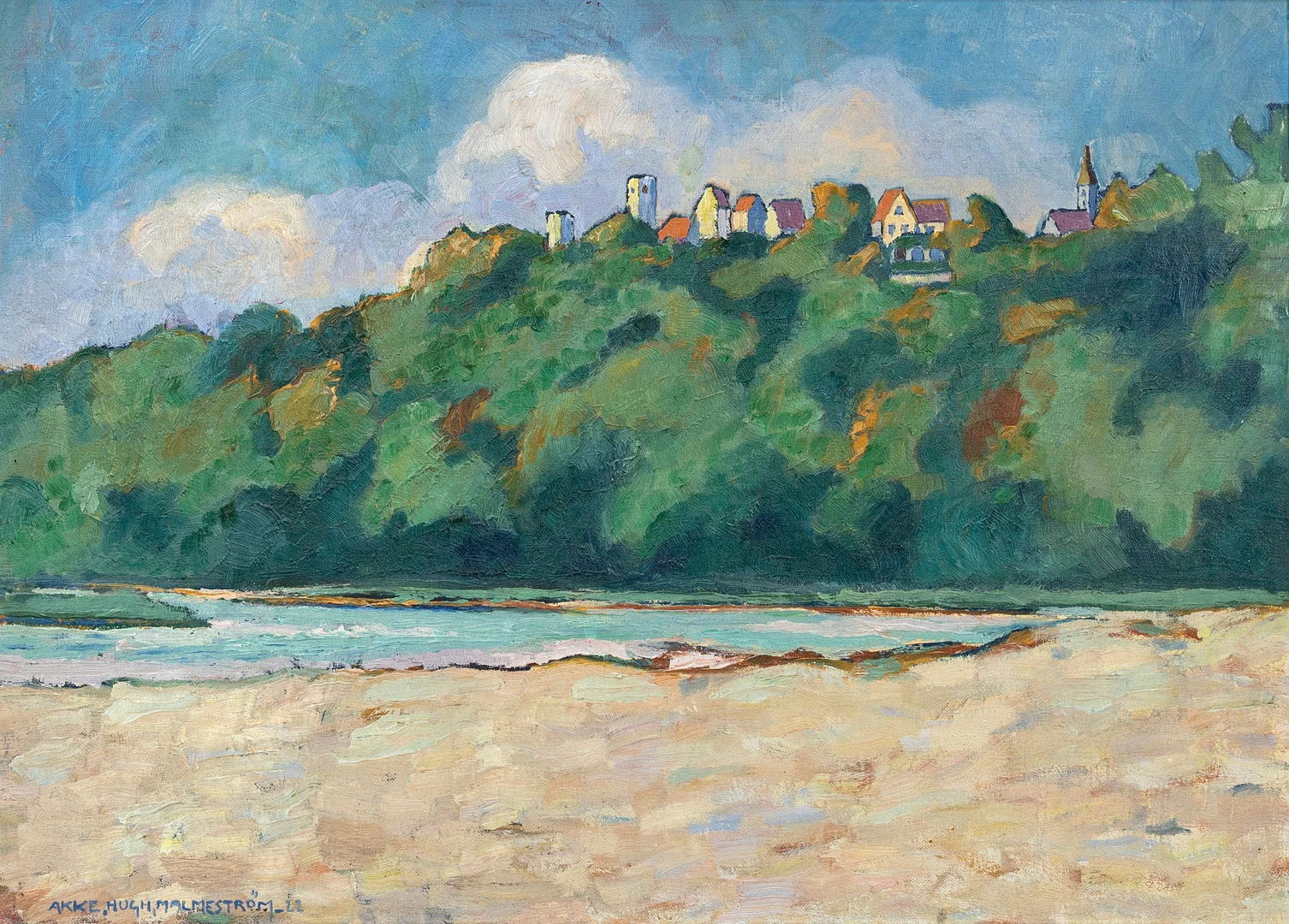 AKKE HUGH MALMESTRÖM. Vy över kuststad, olja på duk, signerad, daterad 1922. — Paintings — Auktionshuset Kolonn
