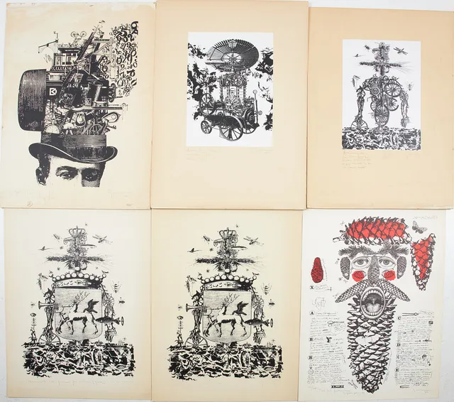 YNGVE GAMLIN. Litografiska blad, 6 st, delvis monterade, med dedikation samt signatur och datering i blyerts.