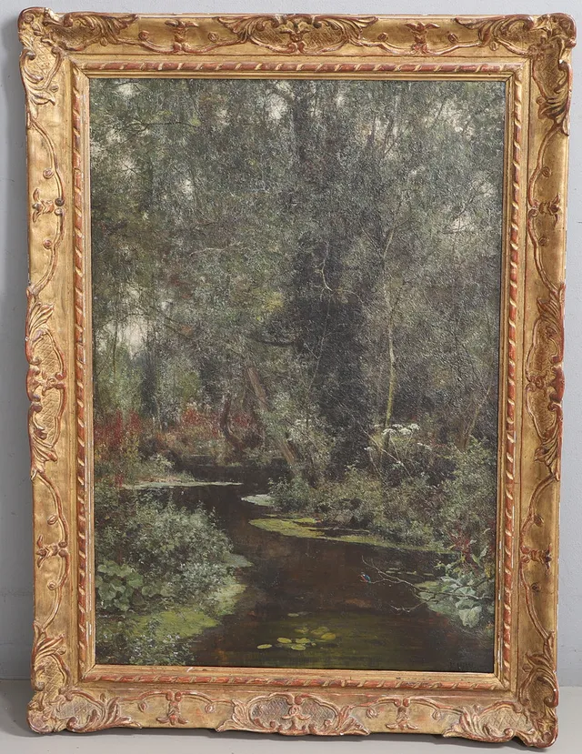 EDWARD WILKINS WAITE (1854-1924). WOODED RIVER LANDSCAPE WITH A KINGFISHER RESTING ON BRANCH IN THE FOREGROUND.