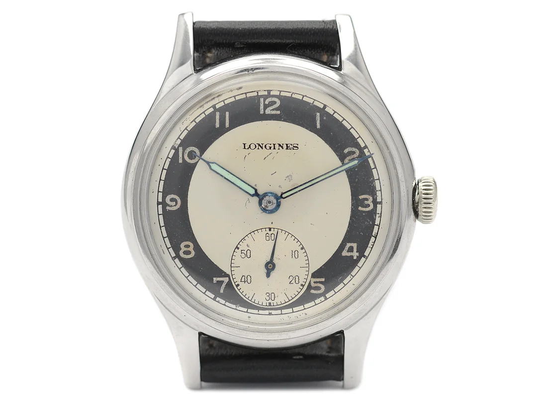 LONGINES, herrur, 33 mm, Cal 12.68 Z, Serie nr. 8196873, Boett nr. 5411 5 / 564, stål, manuell, plexiglas, liten sekundvisare, skadad urtavla, skadad boett, läderband, ca 1950. — Klockor/Longines — Kaplans