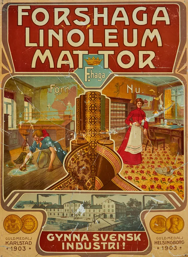 REKLAMAFFISCH, på plåt " Forshaga Linoleum Mattor", 1903.