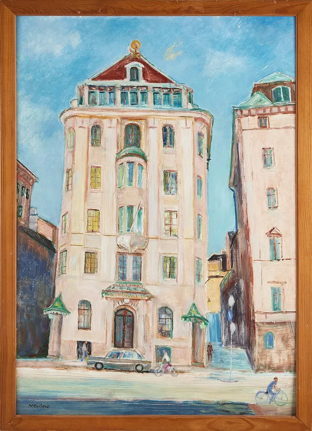 MARGARETA CARLSTEDT (f. 1934) "Hus Skeppsbron", ur sviten "Intressanta hus i Stockholm" 1990-1995. Oljemålning på pannå, signerad M Carlstedt.