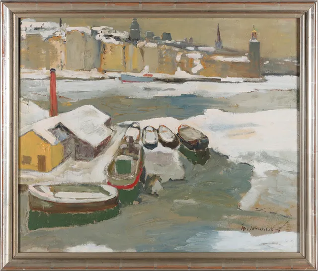 ÅKE JOHANSSON. Stockholm i vinterskrud, olja på pannå, signerad.