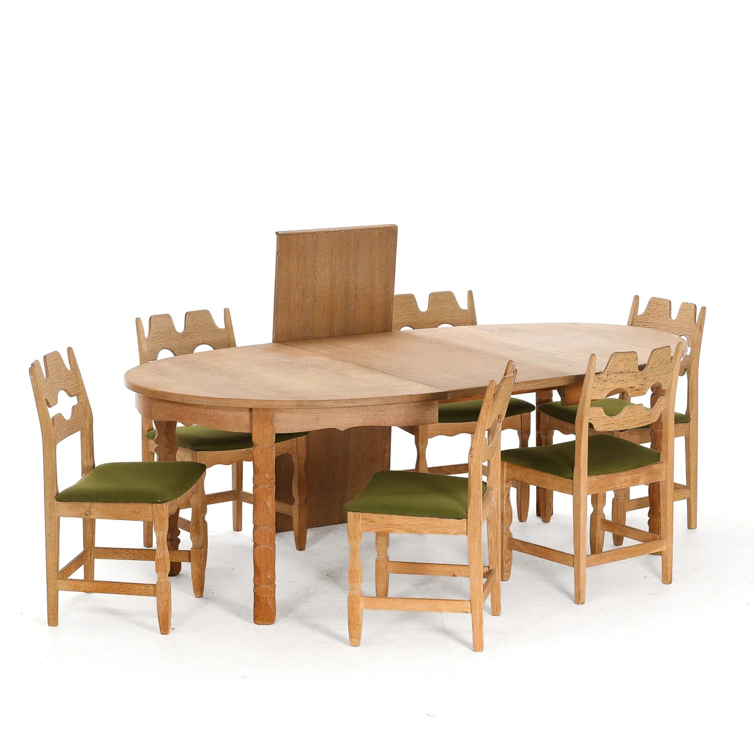Henry Kjærnulf. Razorblade. Dining chairs, oak and dining table (9) — Furniture/Dining tables, dining room furniture — Lauritz