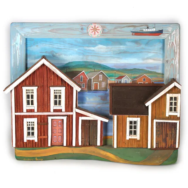 ANDERS ÅBERG. Sjöbodar, reliefskulptur, signerad.