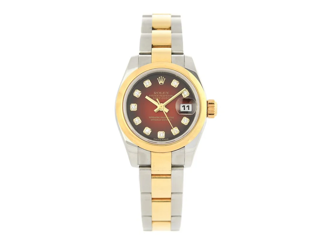 ROLEX, Oyster Perpetual, Datejust, Chronometer, "Dégradé Diamond Dial", Ref nr. 179163, Serie nr. D695736, Cal 2235, Verk nr. A 2013094, Boett nr. 2320, damur, 26 mm, stål/guld, automatisk, safirglas (repor/nagg), datum, Oysterlänk, viklås, Ref nr. 72133-OP7, cert, april 2009, box (ej komplett), ytterkartong. — Klockor/Rolex — Kaplans