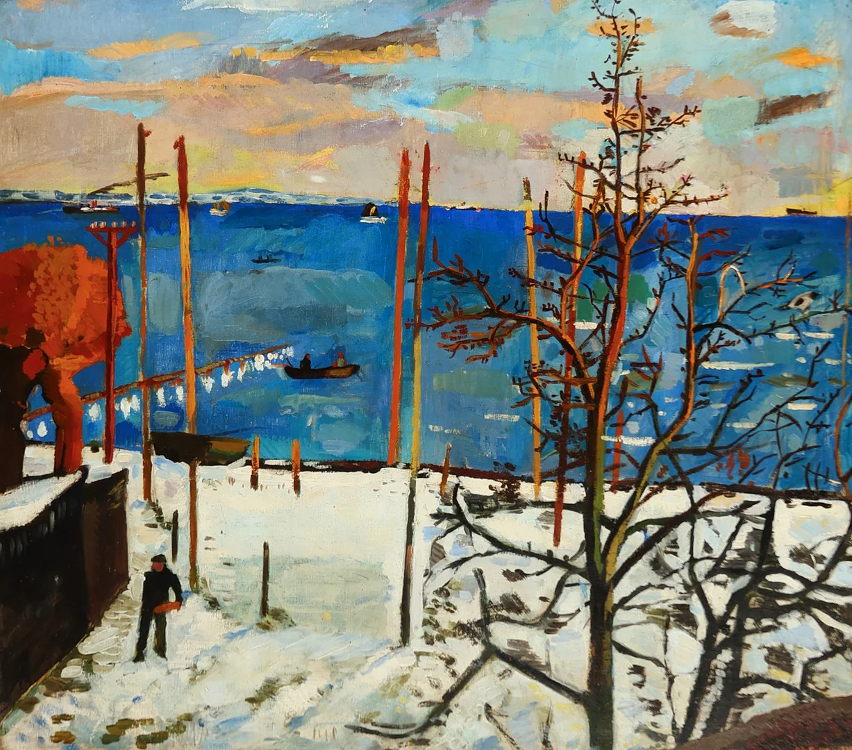 OLE KIELBERG ( 1911 -1985). Kystparti med både, personer og træer i forgrund, olie på lærred. 1935 Danmark. — Paintings — Palsgaard Kunstauktioner