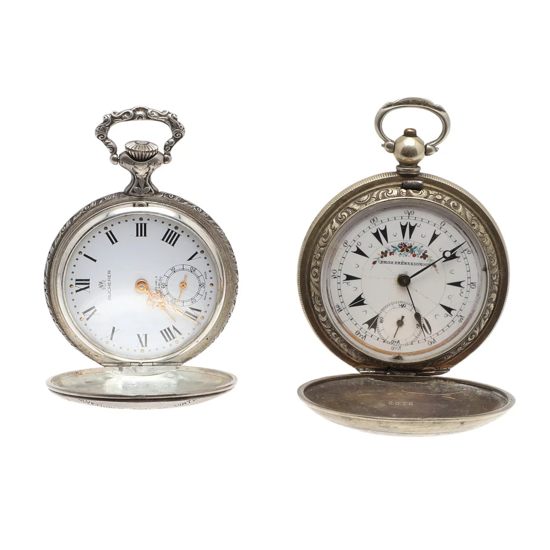 A SILVER COLOURED METAL FULL HUNTING CASED POCKET WATCH BY BUCHERER. — Pocket & Stop Watches — Lawrences Auctioneers