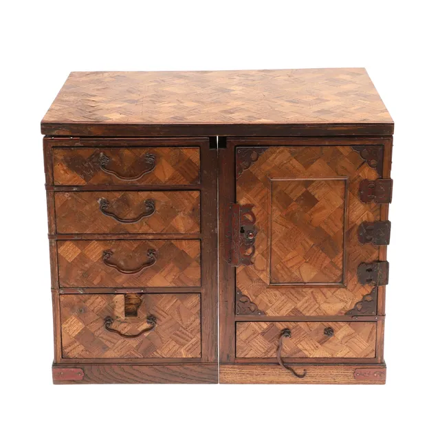 JAPANESE PARQUETRY DRESSING TABLE CABINET/WRITING BOX.