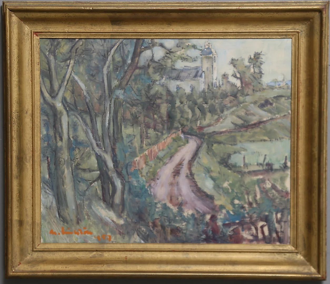 MARTIN LINDSTRÖM. Vägen mot Kättilstad kyrka. Blandteknik, signerad och daterad 1957. — Paintings — Gomér & Andersson Linköping