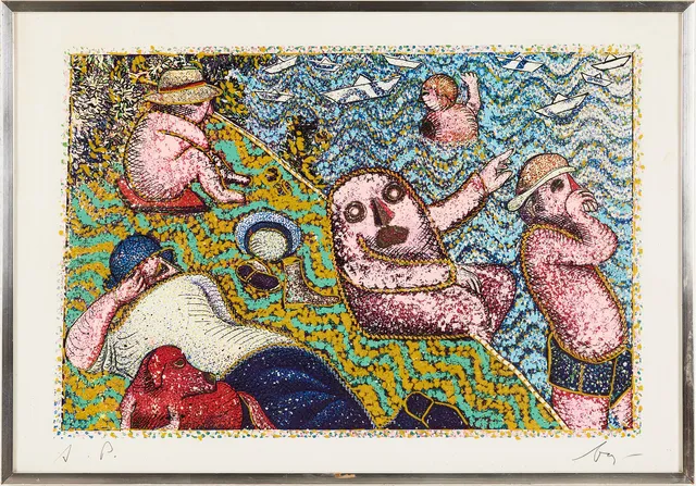ENRICO BAJ. "La baignade", färgseriegrafi med glitterapplikation, AP, signerad.