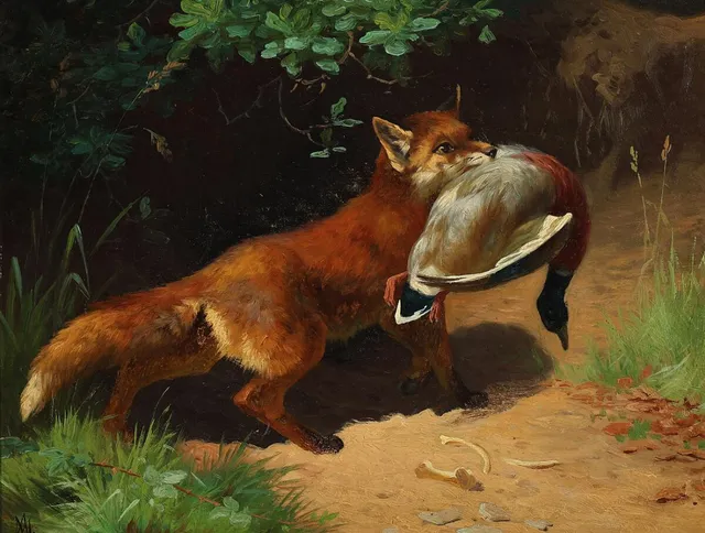 A fox with a duck in its mouth. Signed with monogram. Oil on cardboard. 31×40.5 cm.