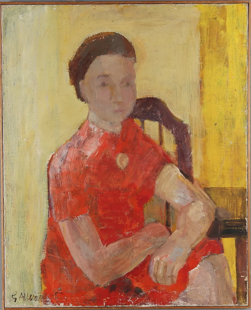 GUNNAR ALLVAR. "Flicka i röd klänning", olja på duk, signerad och daterad -52. — Paintings — Auktionshuset Kolonn