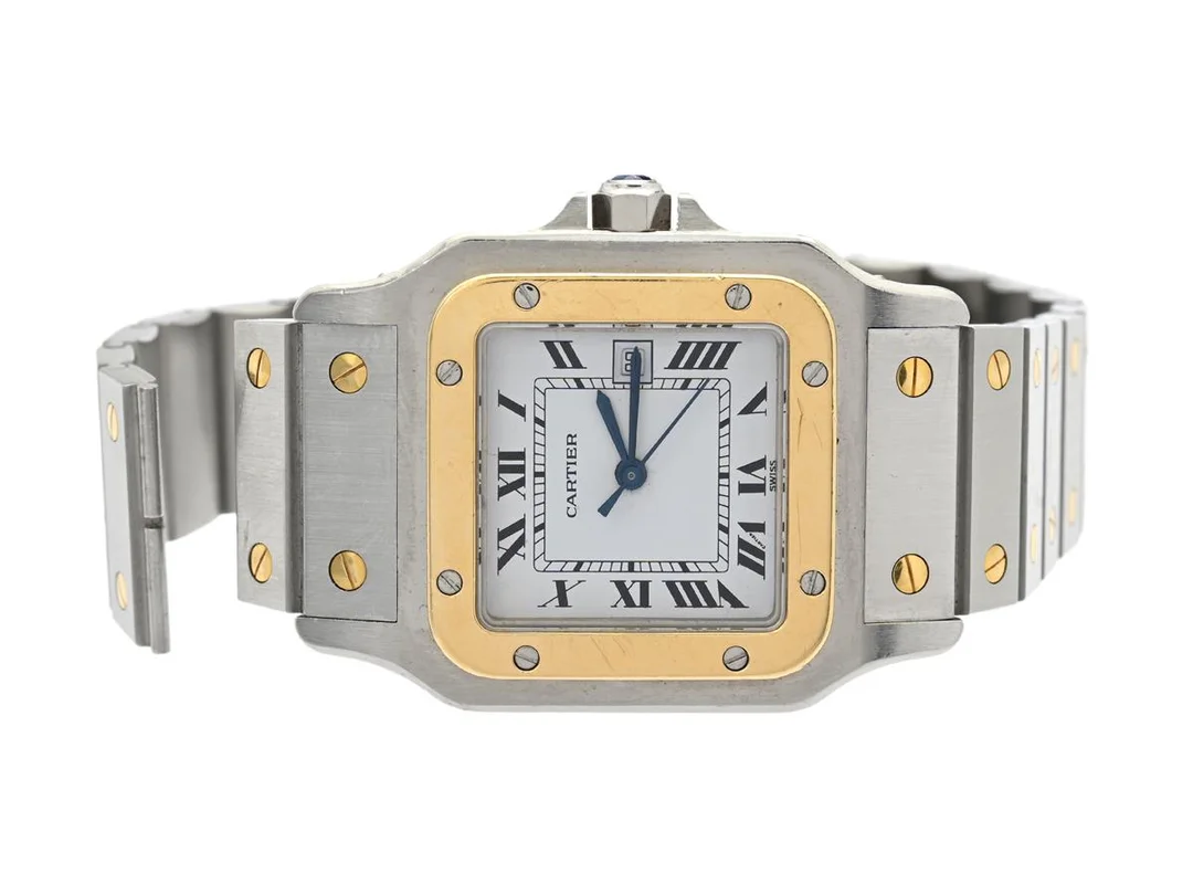 CARTIER, Santos Carrée, Cal ETA 2671, Boett nr. 296119087, herrur, 29 x 28 (41) mm, stål/guld, automatisk, safirglas, datum, skadad urtavla, defekt (akut servicebehov), integrerad originallänk (skadad, se fördjupad info, se bild), viklås, Ref nr. 43531, ca 1982. — Klockor/Cartier — Kaplans