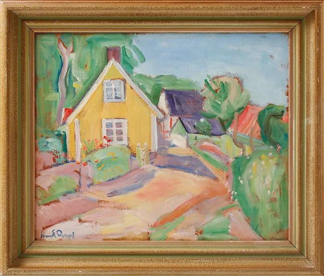 SVANTE BERGH. "Bygata", olja på pannå, signerad och daterad 42.