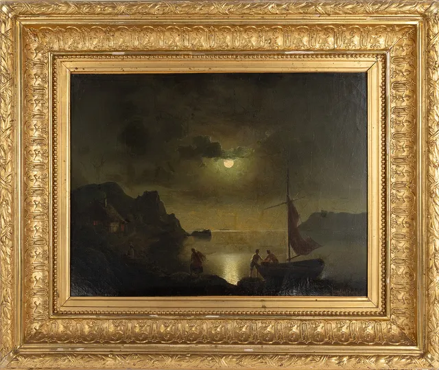 EHRNFRIED WAHLQVIST (1815-1895). Månbelyst kustlandskap, olja på duk.