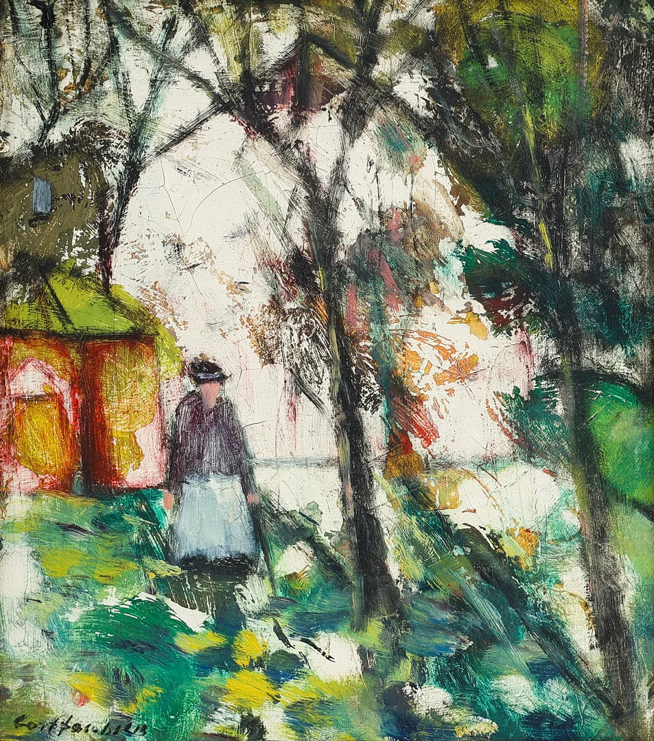 CORT JACOBSEN (1911-67). Komposition 'Sol i haven', olie på lærred, signeret. — Paintings — Palsgaard Kunstauktioner