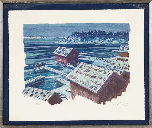 ROLAND SVENSSON. "Vinterskymning, Sandhamn", 1977, signerad roland S, 257/360, färglitografi.
