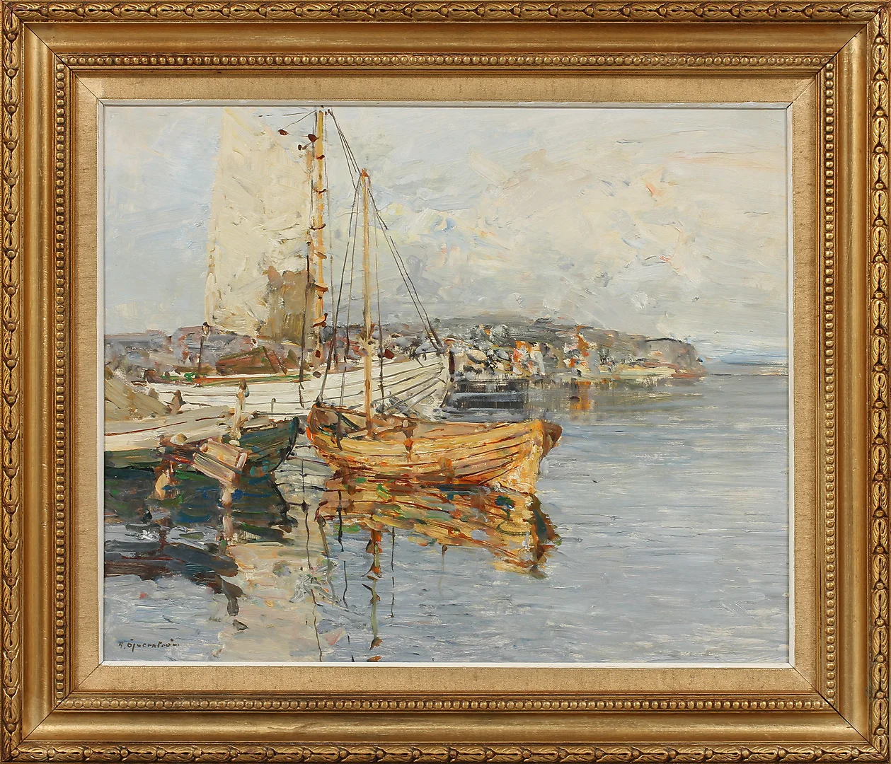 HUGO ÖFVERSTRÖM. Kustbild med segelbåtar, olja på pannå, signerad. — Paintings — Göteborgs Auktionsverk