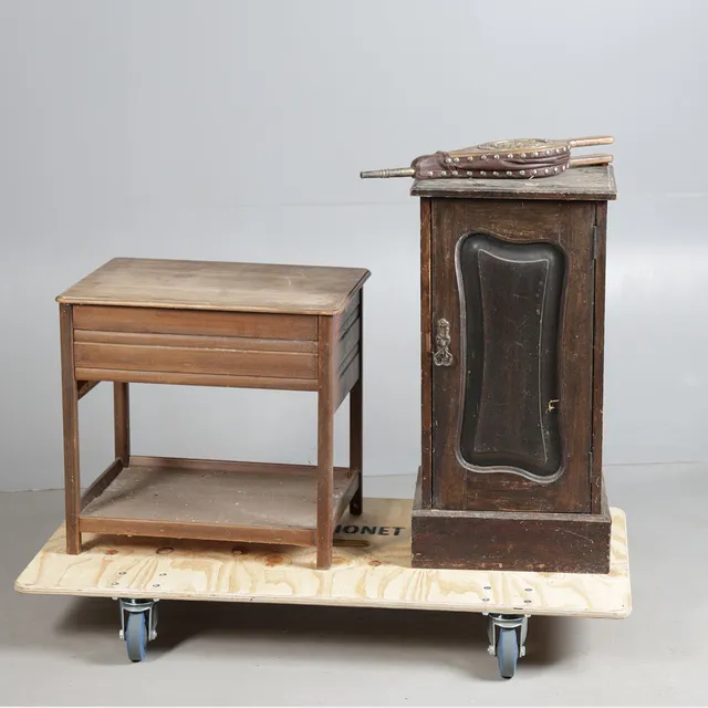 A LATE VICTORIAN POT CUPBOARD, A SEWING BOX AND A PAIR OF BELLOWS (3).