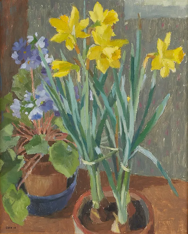 CARIN AX (Uppsala 1915-2006 Uppsala). Vårblommor, signerad CARIN AX, olja på pannå.