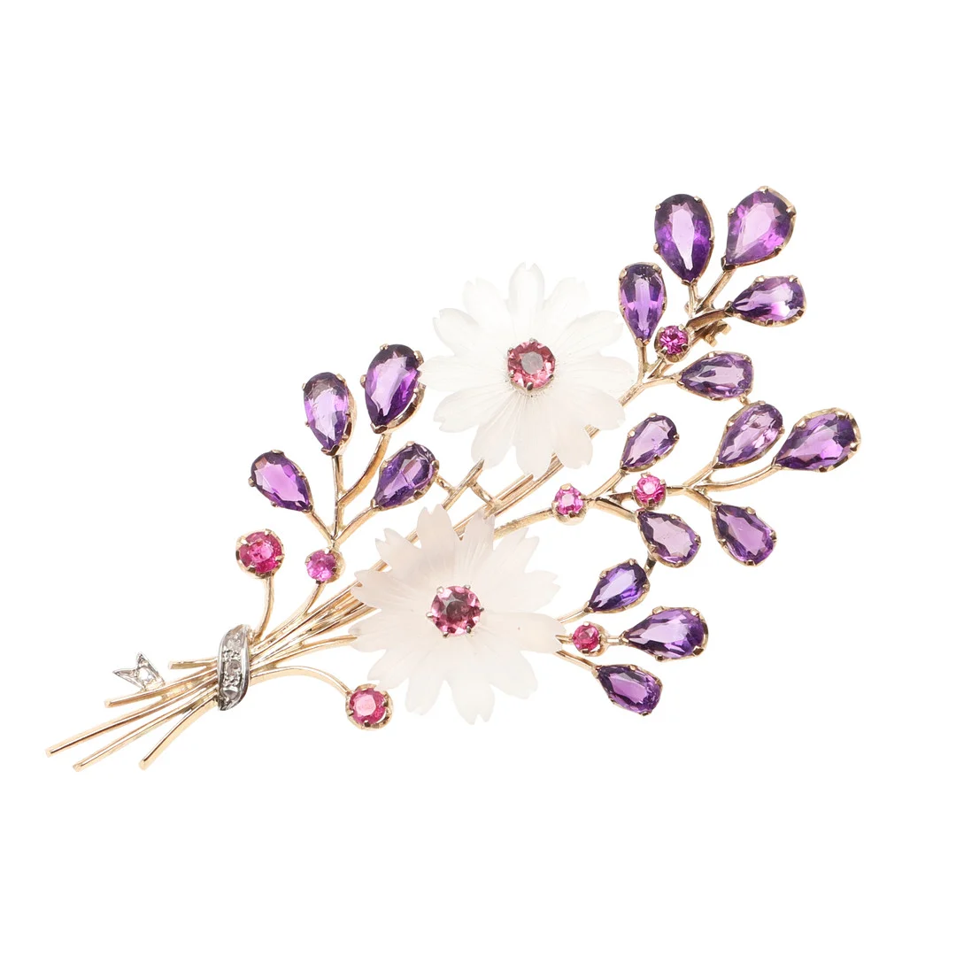 A GOLD AND GEM SET FLOWER SPRAY BROOCH. — Brooches & Pendants — Lawrences Auctioneers