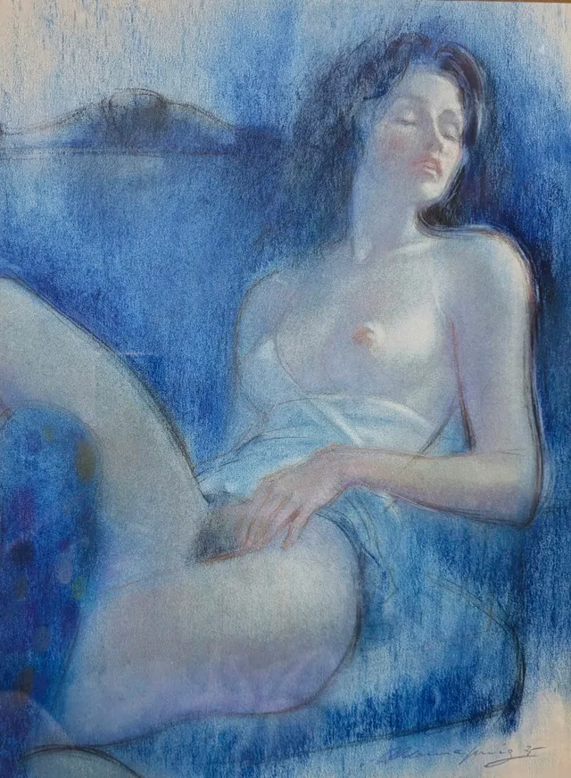 DESNUDO FEMENINO. PASTEL SOBRE PAPEL. FIRMA ILEGIBLE.