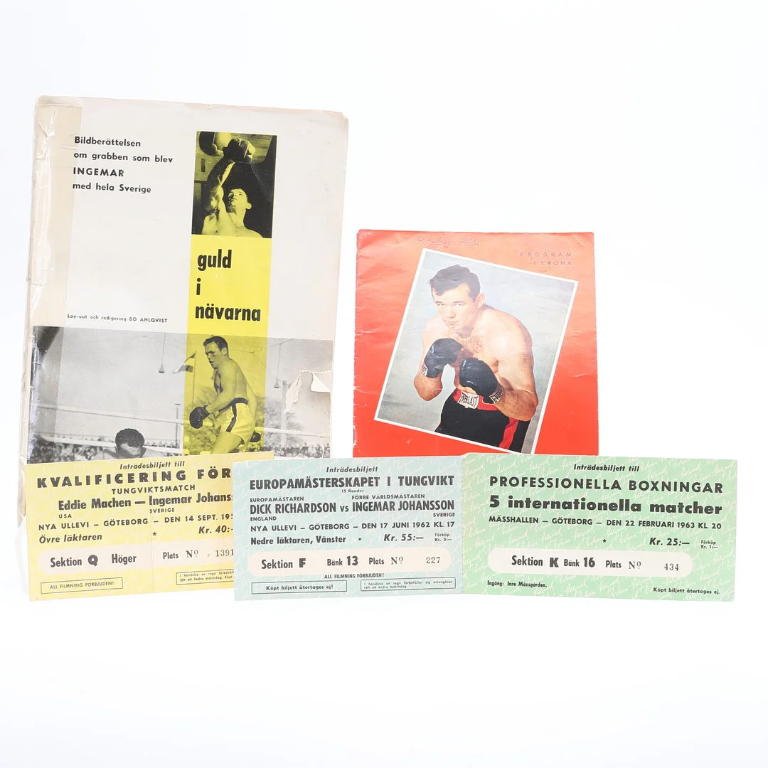 INGEMAR JOHANSSON, Biljetter 3 st, programblad samt tidning. — Sports memorabilia — RA Auktionsverket Norrköping