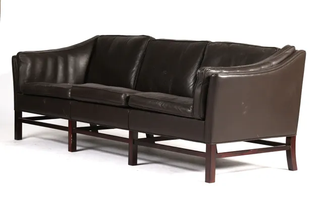 Grants Furniture Factory. Three-seater sofa, mahogany, brown leather.