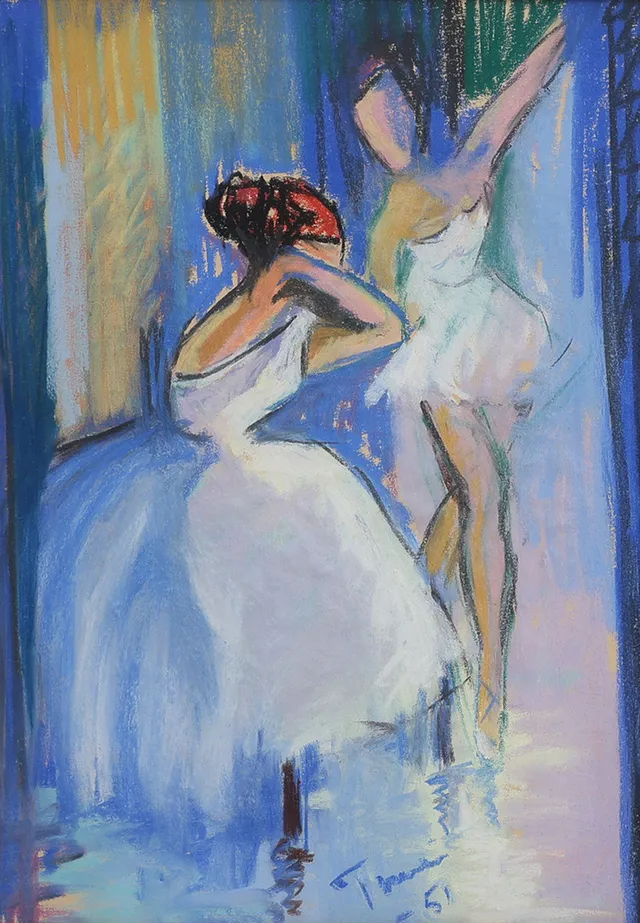 GRETA TURÉN (1901-1979). PASTELL PÅ PAPPER, DANSÖSER, SIGNERAD OCH DATERAD 1951.
