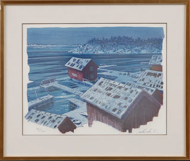 ROLAND SVENSSON. "Vinterskymning i Sandhamn", färglitografi, signerad och numrerad 45/360.