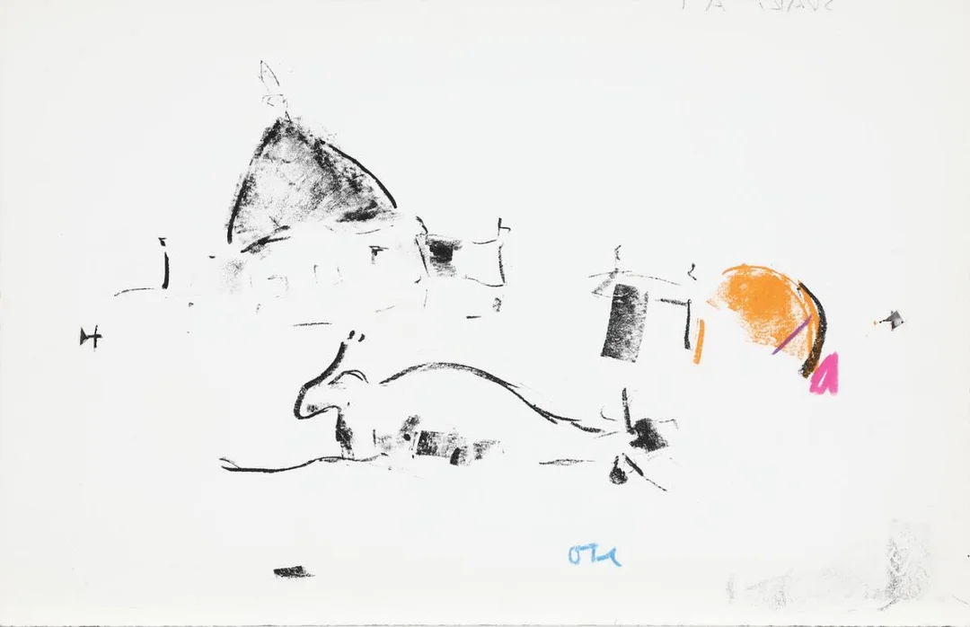 Oluf Høst: Composition with round church. Signed OH. Handcoloured lithograph. Sheet size 32×50 cm.. Unframed. — Modern Prints/Classical modernism — Bruun Rasmussen