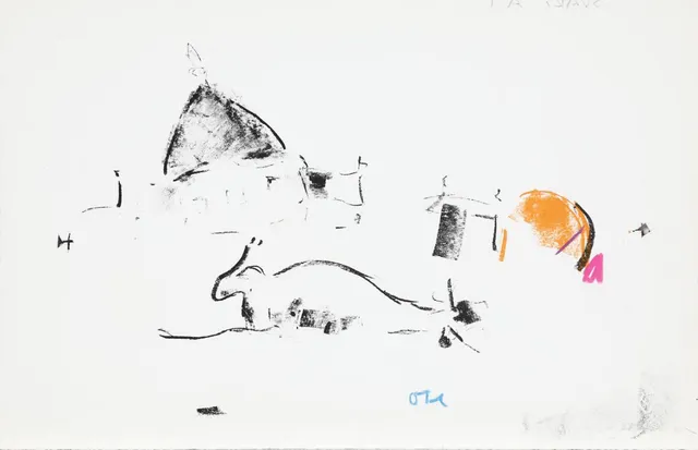Oluf Høst: Composition with round church. Signed OH. Handcoloured lithograph. Sheet size 32×50 cm.. Unframed.