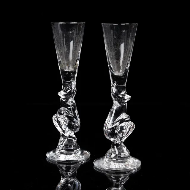 GUNNAR CYRÉN. Snapsglas, ett par, "Djävulsglas", Crystal Clear, Nobelservisen, Orrefors.