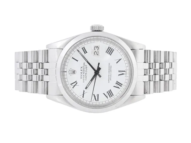 ROLEX, Oyster Perpetual, Datejust (T Swiss T), Chonometer, s.k. "Buckley Dial", Ref nr. 16000, Serie nr. 5859956, Cal 3035, Verk nr. 0315936, Boett nr. 16000, herrur, 36 mm, stål, automatisk, plexiglas, datum, skadad urtavla / visare, skadad boett (porer), Jubileelänk (1984), viklås, Ref nr. 62510H-I8/555, ca 1979.