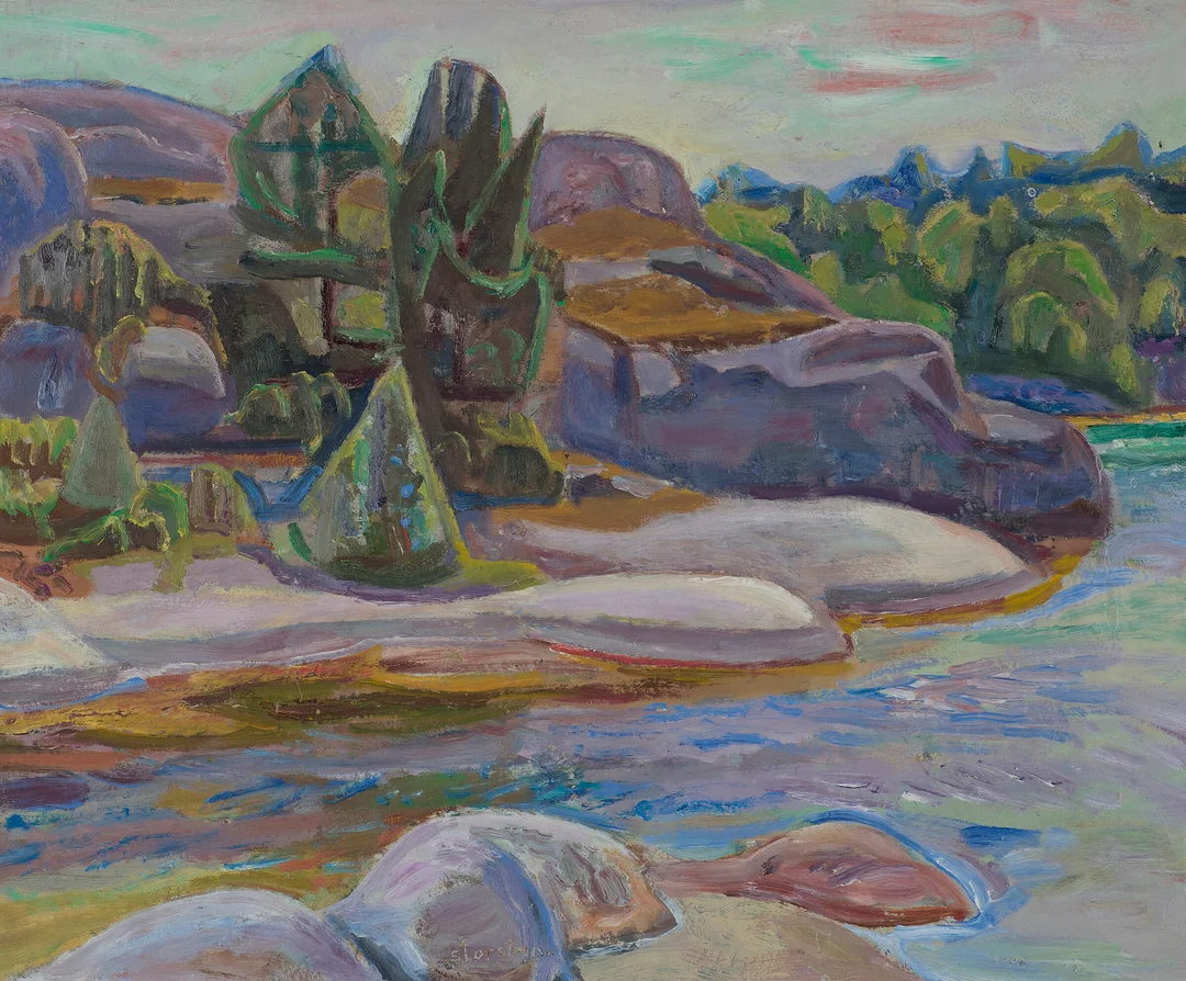 Storstein, Aage — "Sørlandslandskap, Justøy (fra Ronna)" 1969 — Kunst/Maleri — Blomqvist
