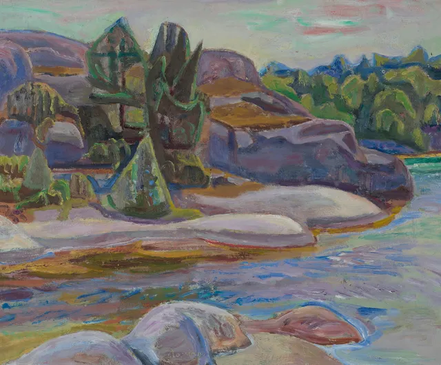Storstein, Aage — "Sørlandslandskap, Justøy (fra Ronna)" 1969
