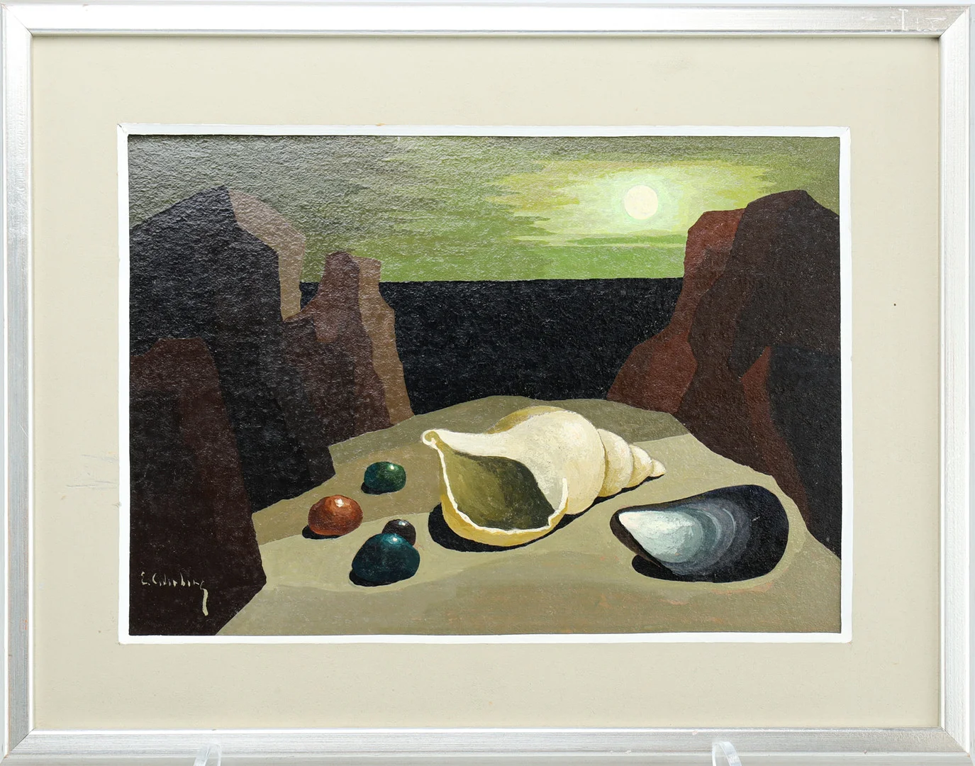 ERIC CEDERBERG. Månbelyst strandbild med snäckor och stenar, tempera på pannå. — Paintings — Stockholms Auktionsverk Helsingborg