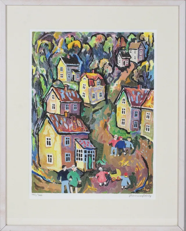 JÖRAN NYBERG. Villagata med lekande barn, färglitografi, signerad och numrerad 146/360.