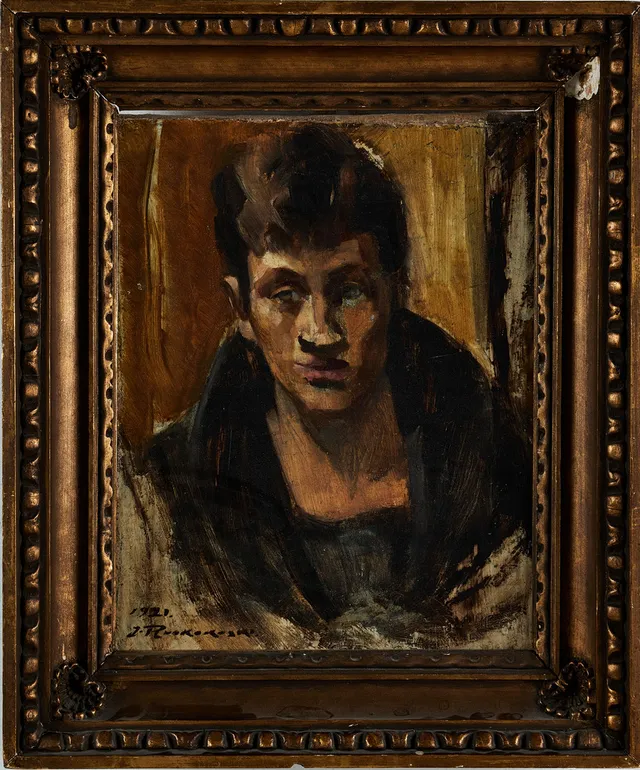 JALMARI RUOKOKOSKI. porträtt, olja på duk uppfodrad på pannå, signerad samt daterad J. Ruokokoski -1921.