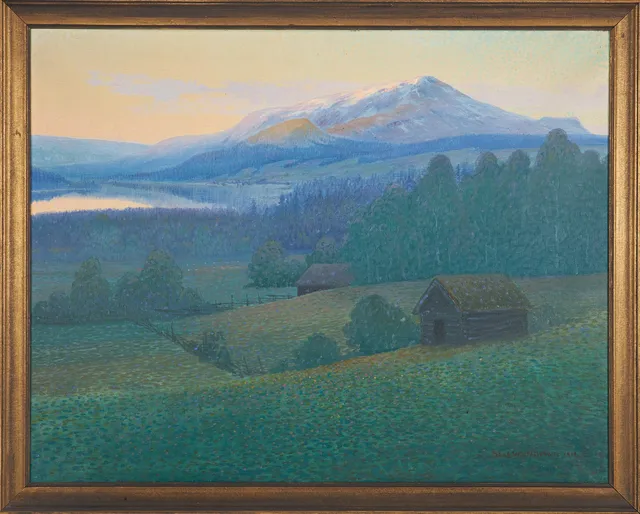 OLOF WALFRID NILSSON. "Sommarkväll, Undersåkersdalen", olja på duk, signerad samt daterad 1918.