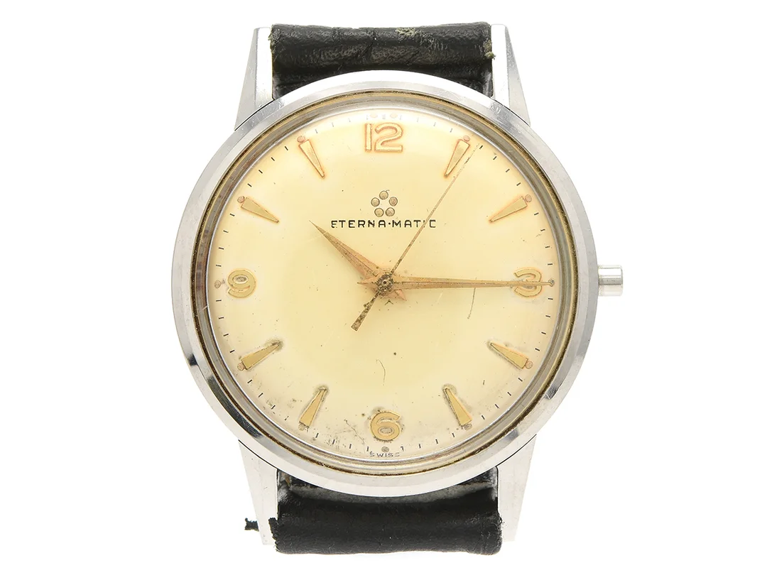 ETERNA-MATIC, herrur, 33 mm, Cal 1414 U, Serie nr. 4441913, Boett nr. 4283826, stål, automatisk, plexiglas, skadad urtavla, saknar krona/ställaxel, läderband, originalspänne, ca 1960 — Klockor/Eterna — Kaplans