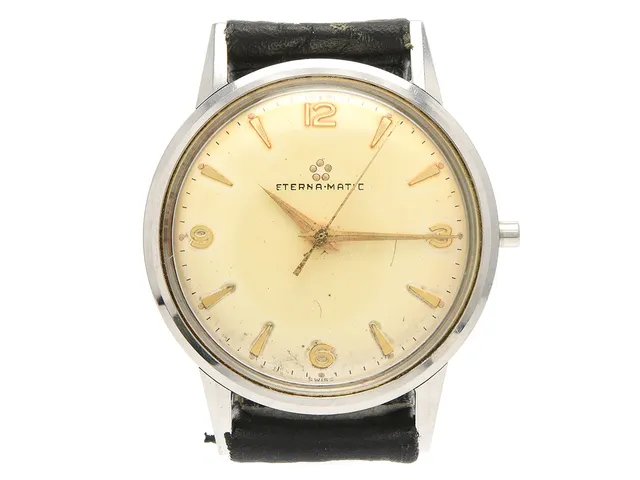 ETERNA-MATIC, herrur, 33 mm, Cal 1414 U, Serie nr. 4441913, Boett nr. 4283826, stål, automatisk, plexiglas, skadad urtavla, saknar krona/ställaxel, läderband, originalspänne, ca 1960