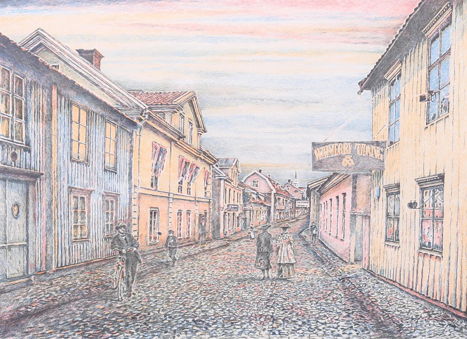 MICHAEL HASKETT. Färglitografi, stadsbild från Vimmerby, signerad, daterad 92. — Engravings & Prints — Auktionshuset Thelin & Johansson